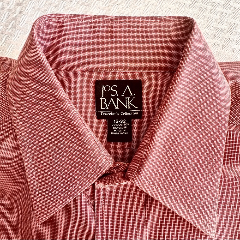 Jos A Bank Travelers Collection Dress Shirt‎ Red Microcheck Cotton 15 32